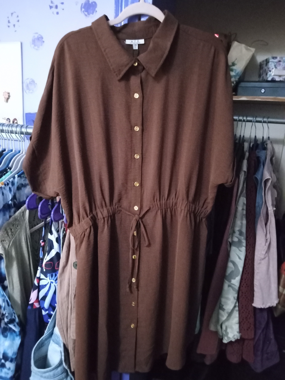 MPH Collection Brown Button-Front Shirt Dress With Drawstring Waist NWT